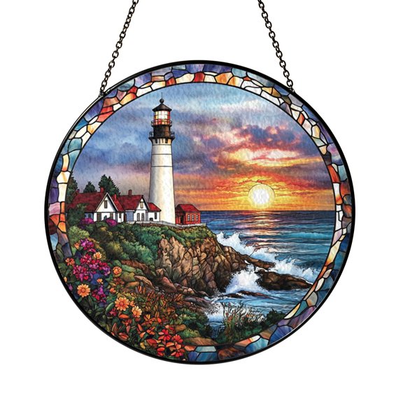 Ocean Lighthouse Acrylic Glass Suncatcher Window Decor, Stained Glass Style Hanging Art
