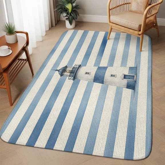 Ocean Lighthouse Area Rugs for Living Room 5x6, Coastal Nautical Sea Watercolor Blue Stripes Lines Washable Area Rug with Non Slip Backing, Stain Resist Carpet for Bedroom, Dining Room, Entrance