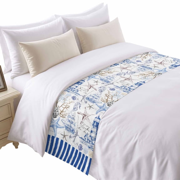 Ocean Lighthouse Bed Runner for Twin Size Bed, Starfish Shell Boat Retro Art Soft Bedding Scarf Bedding Protector Slipcover Sofa Throw for Bedroom Hotel Guesthouse