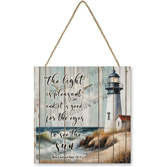 Ocean Lighthouse Bible Verse Seascape Wooden Sign Coastal Lighthouse MDF Hanging Wood Plaques for Home Office Funny Bathroom Decor Seashore Wall Art 12x12 Inch