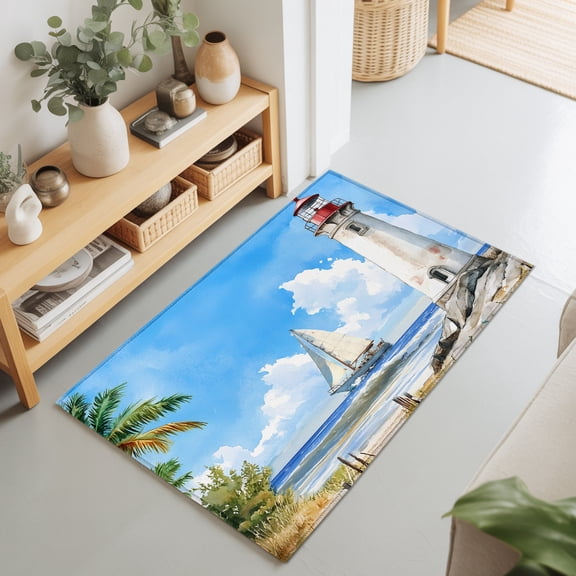 Ocean Lighthouse Boat Summer Beach Grass Rectangle Rug 2'x3' Blue Sky Washable Area Rugs for Living Room Bedroom Entryway Non Slip Entrance Door Mat Indoor Floor Carpet
