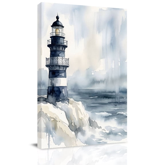 Ocean Lighthouse Canvas Wall Art for Living Room, Nautical Coastal Watercolor Sea Waves Foggy White Poster Print Painting for Bedroom Office Home Decoration Wall Pictures Prepare To Hang 12"x18"