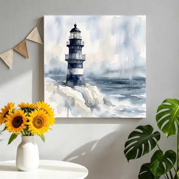 Ocean Lighthouse Canvas Wall Art, Nautical Coastal Watercolor Sea Waves Foggy White Pictures Wall Decor Wooden Framed Artwork Art Prints for Living Room Hallway Bedroom Office 8"x8"