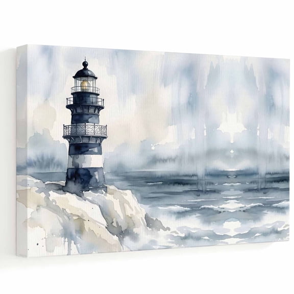 Ocean Lighthouse Canvas Wall Art, Nautical Coastal Watercolor Sea Waves Foggy White Wall Art Prints Artwork Framed Canvas Ready to Hang Art Pictures for Bathroom, Dressing Table, Entryway 12" x 8"