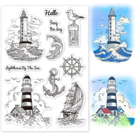 Ocean Lighthouse Clear Stamps Sailboat Seagull Silicone Clear Stamps with Anchor Compass Voyage Sailing Stamps for Card Making Scrapbooking oto Album Decor 1sheet Clear