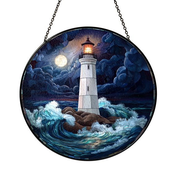 Ocean Lighthouse Glass Suncatcher Window Decor, Stained Glass Style Panel Art