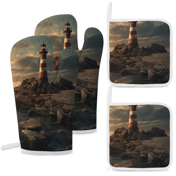 Ocean Lighthouse Oven Mitt And Pot Holder Set Oven Glove for Kitchen Baking Cooking Grilling