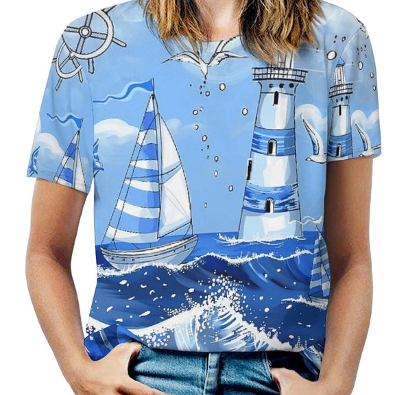 Ocean Lighthouse Sailboats Womens Tops Women's Fashion Casual Short Sleeve Flower Print Round Neck Pullover Top Blouse