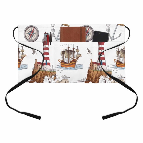Ocean Lighthouse Seagull Half Waist Apron Vintage Nautical Sailboat Compass Shell Anchor Short Waiter Aprons with 3 Pockets for Women Men Kitchen Restaurant Cooking
