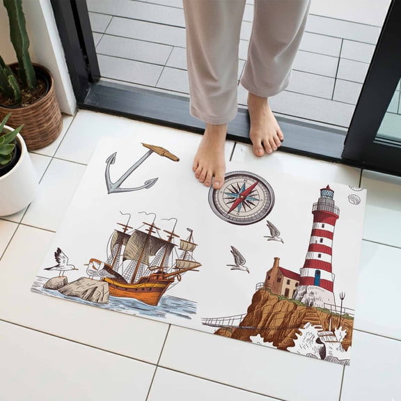 Ocean Lighthouse Seagull Indoor Door Mat 18x30 Inch Vintage Nautical Sailboat Compass Shell Anchor Front Door Mat Non Slip Washable Entryway Rug Low Profile Dirt Trapper Doormat for Kitchen Bedroom