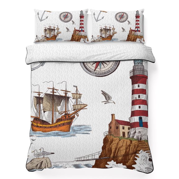 Ocean Lighthouse Seagull King Quilt Bedding Set, Vintage Nautical Sailboat Compass Shell Anchor Lightweight Comforter with 2 Pillow Shams Bedroom Bedspread Set Home Decor for All Seasons
