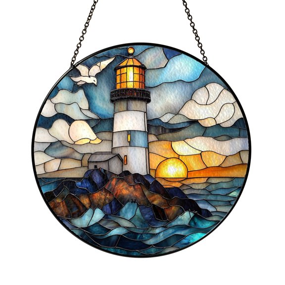 Ocean Lighthouse Suncatcher, Stained Glass Look Window Art for Nautical Homes and Seafarer Gift Ideas