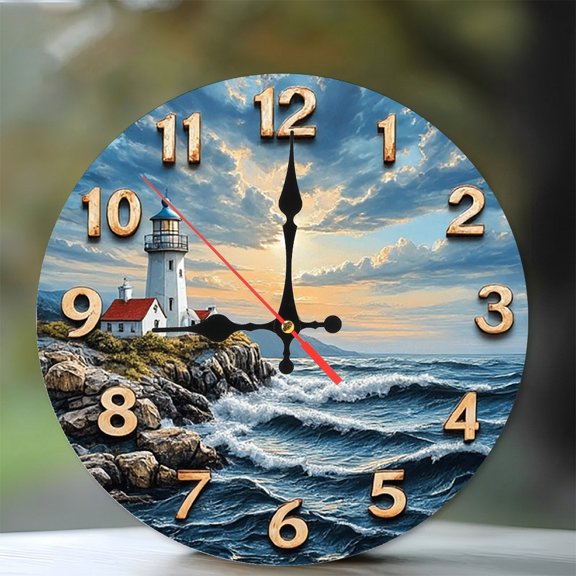 Ocean Lighthouse Sunset Wall Clock 10-Inch Silent Wooden Wall Clock, Battery Operated (AA Batteries Not Included), Artistic Home Decor