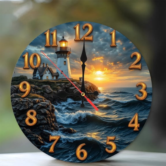 Ocean Lighthouse Sunset Wall Clock Home Decor 10-Inch Silent Wooden Wall Clock, Battery Operated (AA Batteries Not Included), Artistic Home Decor