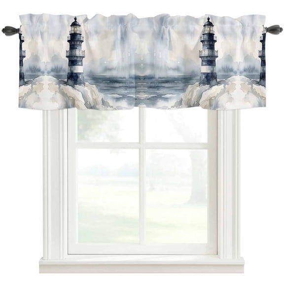 Ocean Lighthouse Valances for Windows Nautical Coastal Watercolor Sea Waves Foggy White Rod Pocket Curtain Valance Window Treatment Short Curtains for Kitchen Living Room, 42"x12"