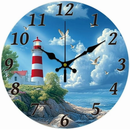 Ocean Lighthouse Wall Clock 12 Inch Battery Operated Wall Clock Non Ticking Silent Decorative Clock