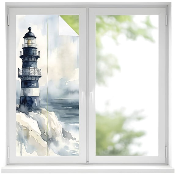 Ocean Lighthouse Window Privacy Film 19.6x39.3in Nautical Coastal Watercolor Sea Waves Foggy White Decorative Window Film with Static Cling, UV Filtering Window Cling Privacy Film for Glass Doors