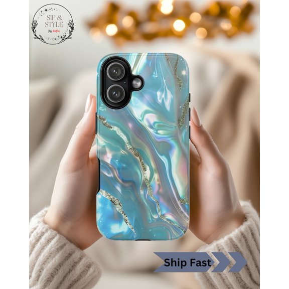 Ocean Marble Phone Case, Iridescent Swirls, Coastal Blue Waves Tough Cover