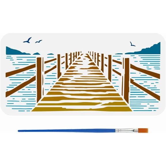 Ocean Marina Stencil with Brush 5.9x11.8inch Rectangle Bridge Dock Template Reusable Mountains Birds Stencil Plastic Architecture Theme Template for DIY handcrafting