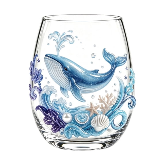 Ocean Marine Animal Printed Egg Shaped Stemless Glass Tumbler, Sea Creature Pattern Clear Drinking Cup, Coastal Nautical Glassware For Water Juice Wine Home Bar Decor