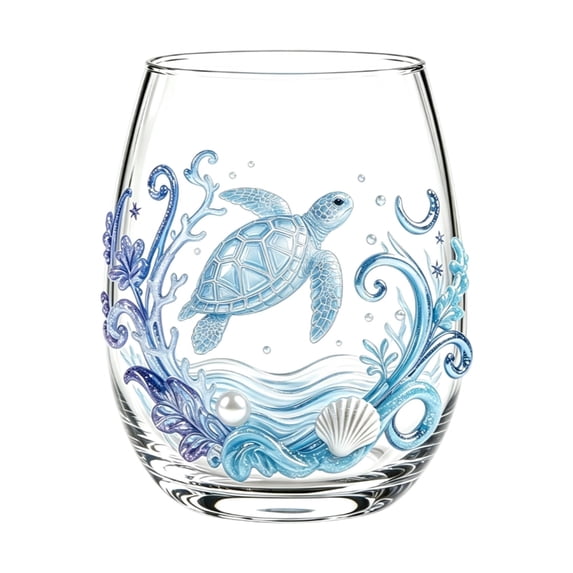Ocean Marine Animal Printed Egg Shaped Stemless Glass Tumbler, Sea Creature Pattern Clear Drinking Cup, Coastal Nautical Glassware For Water Juice Wine Home Bar Decor