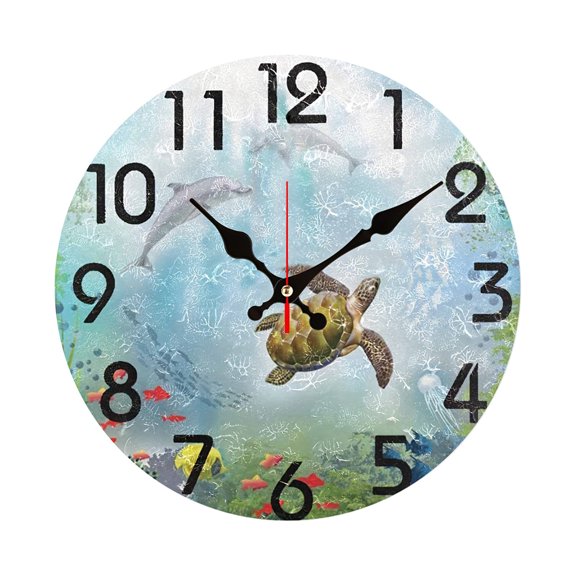 Ocean Marine Animal Wall Clock MDF Wooden Silent Non Ticking Round Hanging Clock Sea Decor Clock for Living Room Bedroom
