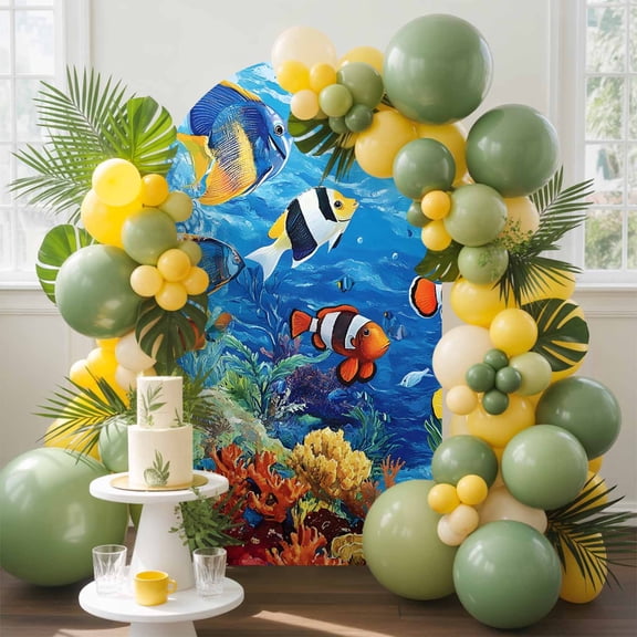 Ocean Marine Arch Backdrop Cover, 7.2FT, Life Tropical Fish Coral Underwater World Spandex Arch Covers Double-Sided Backdrop for Wedding Birthday Party Photo Background Decoration