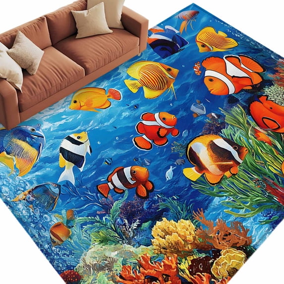 Ocean Marine Area&nbsp;Rug 5x8ft Life Tropical Fish Coral Underwater World Non-Slip&nbsp;Washable Square&nbsp;Rugs Soft Felt Indoor Floor Mat for Bedroom Kitchen Living Room Bathroom