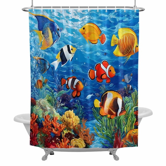 Ocean Marine Bathroom Shower Curtain, Life Tropical Fish Coral Underwater World Waterproof Washable Soft Bath Curtain for Bathtub Decor with 12 Hooks&Grommet, 36x72 Inch