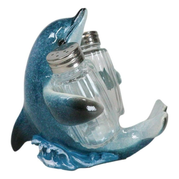Ocean Marine Blue Dolphin Riding Sea Waves Salt And Pepper Shakers Holder Set