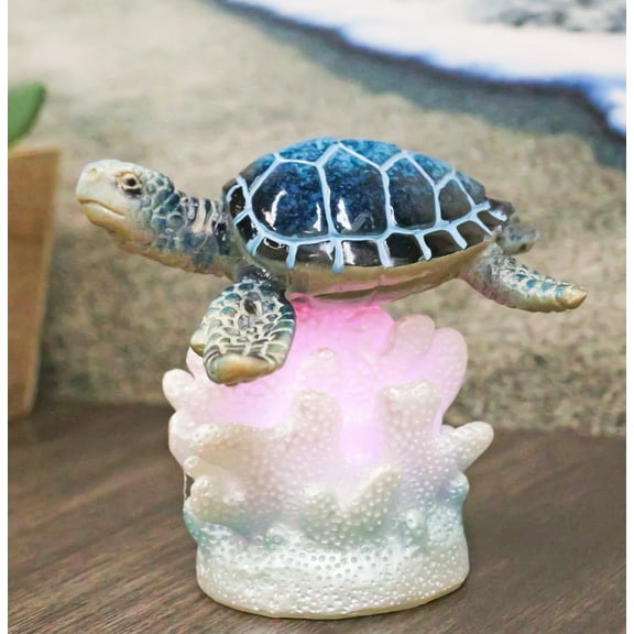 Ocean Marine Blue Giant Sea Turtle Swimming Over LED Light Coral Reef Figurine