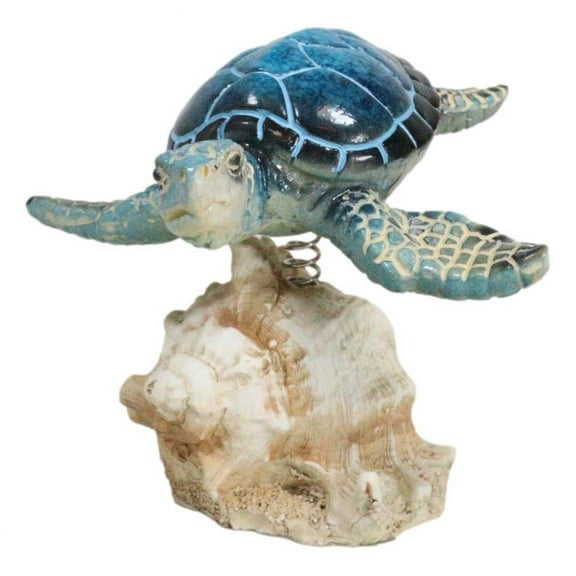 Ocean Marine Blue Sea Turtle Swimming Over Conch Shell Spring Bobble Figurine