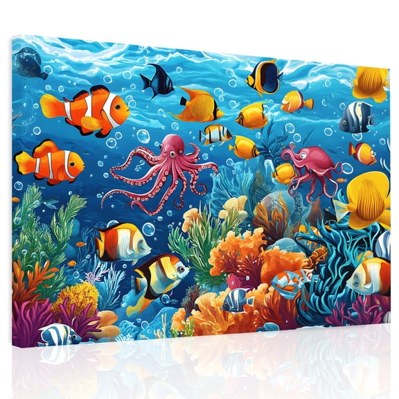 Ocean Marine Canvas Print Wall Art, Life Tropical Fish Octopus Coral Underwater World Wall Decor Modern Artwork Paintings Pictures for Living Room Framed and Stretched Ready to Hang, 20" x 24"