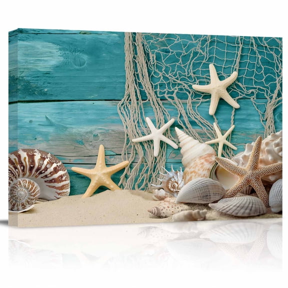 Ocean Marine Canvas Print Wall Art Vintage Shell Starfish Blue Wood Grain Pictures Painting Morden Artwork for Living Room Bedroom, Ready to Hang - 12"x16"