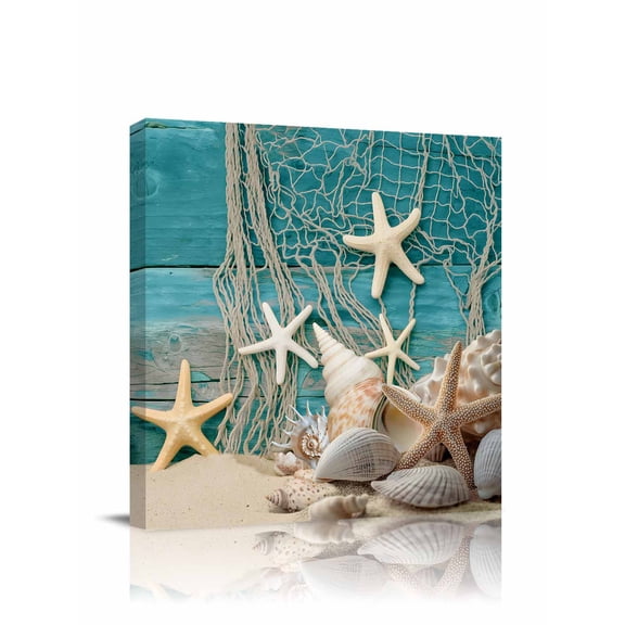 Ocean Marine Canvas Wall Art, Vintage Shell Starfish Blue Wood Grain Framed Wall Decor Modern Artwork Prints Painting for Living Room, Bedroom, Kitchen & Cafe Decor 28x28 Inch