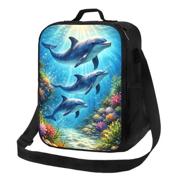 Ocean Marine Dolphin Lunch Bag Insulated Thermal Lunch Box with Shoulder Strap & Handle for Women and Men