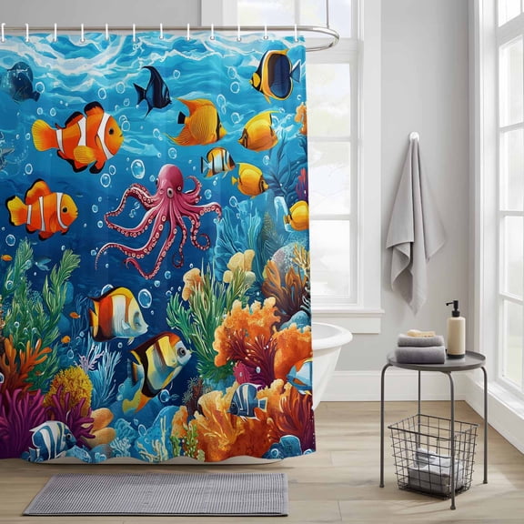 Ocean Marine Fabric Shower Curtain for Bathroom Waterproof Polyester Bath Curtain with 12 Hooks Life Tropical Fish Octopus Coral Underwater World Washable Shower Curtain with Grommets 36"x72"