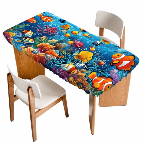 Ocean Marine Fitted Rectangle Tablecloth 24" x 50" Life Tropical Fish Octopus Coral Underwater World Elastic Table Cloth Fits for 4 Foot Folding Tables Waterproof Table Cover for Picnic Camping