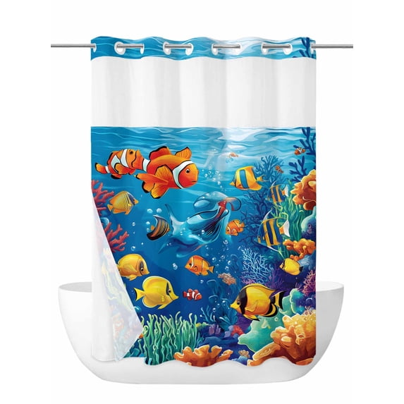 Ocean Marine No Hook Shower Curtain and Liner Set Life Fish Coral Seagrass Underwater Coastal Shower Curtains with Snap-in Liner & See Through Top Window Hotel Style for Bathroom Decor 72x84 Inch