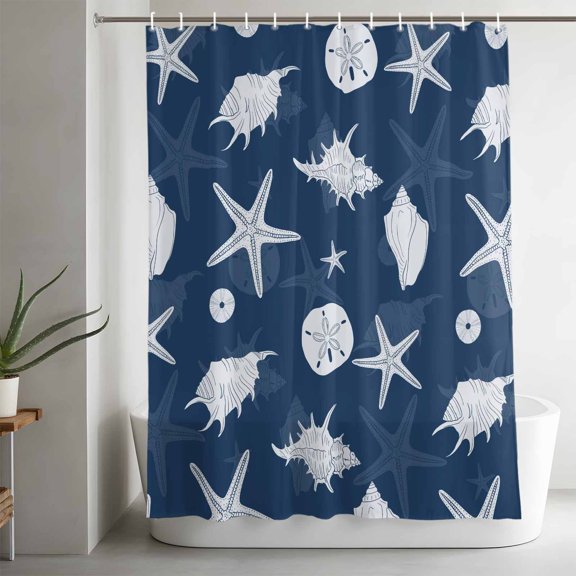 Ocean Marine Life Bathroom Shower Curtain, Summer Starfish Sand Dollar Conch Navy Blue Waterproof Washable Soft Bath Curtain for Bathtub Decor with 12 Hooks&Grommet, 36x72in