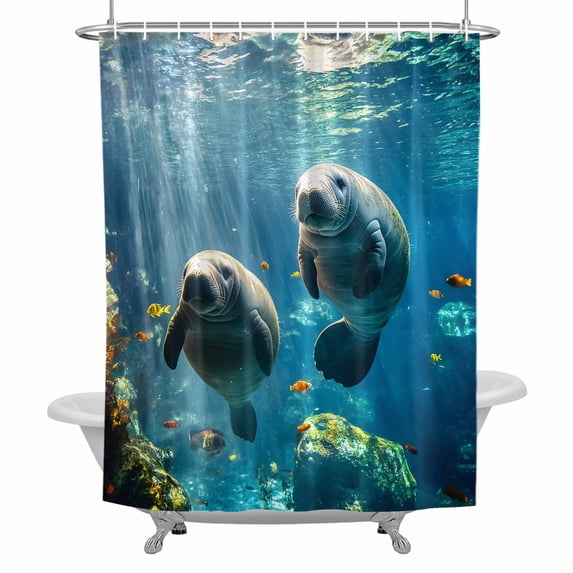 Ocean Marine Life Bathroom Shower Curtain, Tropical Sea Lion Fish Coral Waterproof Washable Soft Bath Curtain for Bathtub Decor with 12 Hooks&Grommet, 60x72 Inch
