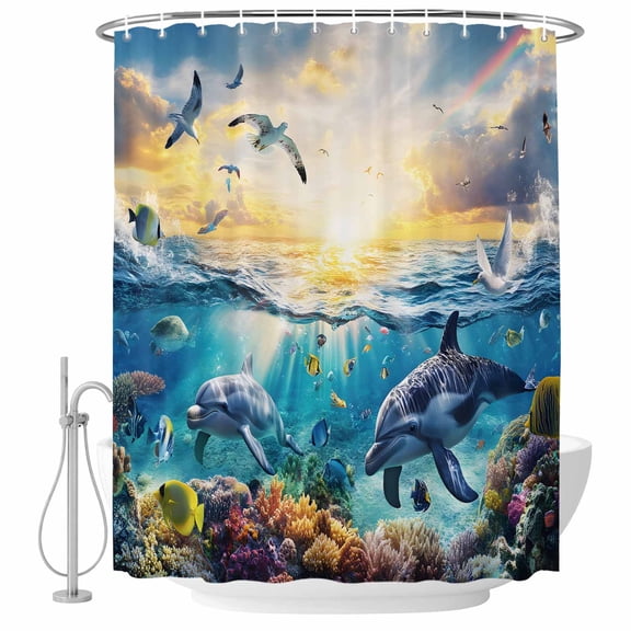 Ocean Marine Life Bathroom Shower Curtains with Hooks, Tropical Turtle Fish Animal Waterproof Fabric Washable Shower Curtain for Home Hotel Bathtub Decor 36x72 Inch