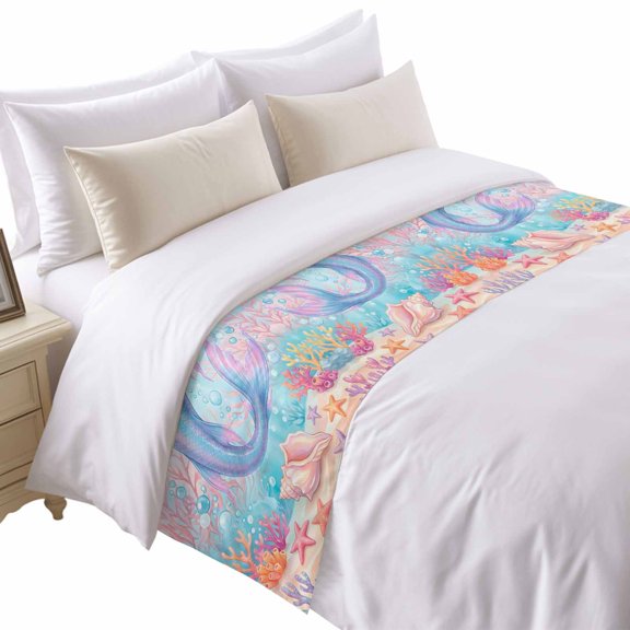 Ocean Marine Life Bed Runner for Twin Size Bed, Watercolor Pink Fish Tails Starfish Sea Nut Seagrass Soft Bedding Scarf Bedding Protector Slipcover Sofa Throw for Bedroom Hotel Guesthouse