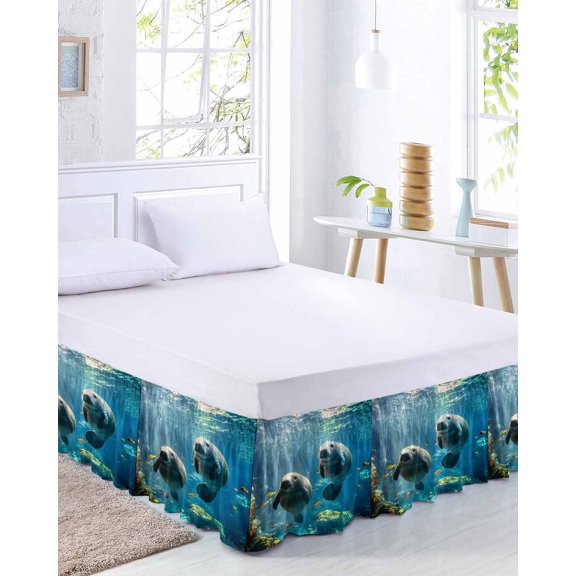 Ocean Marine Life Bed Skirt Queen Size 16 Inch Drop, Tropical Sea Lion Fish Coral Adjustable Elastic Dust Ruffles Bedskirt for Queen Bed Wrap Around Pleated Mattress Frame Cover