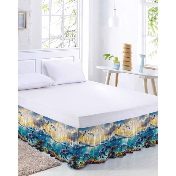 Ocean Marine Life Bed Skirt Queen Size 16 Inch Drop, Tropical Turtle Fish Animal Adjustable Elastic Dust Ruffles Bedskirt for Queen Bed Wrap Around Pleated Mattress Frame Cover