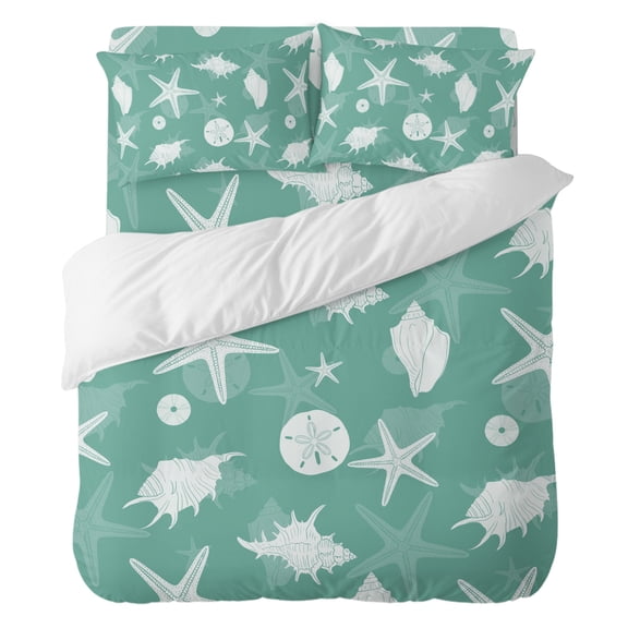 Ocean Marine Life Bedding Duvet Cover Set California King Size 4 Pieces, Summer Starfish Sand Dollar Conch Mint Green Bedding Set, 1 Comforter Cover 96x104 Inches 1 Flat Sheet & 2 Pillow Cases