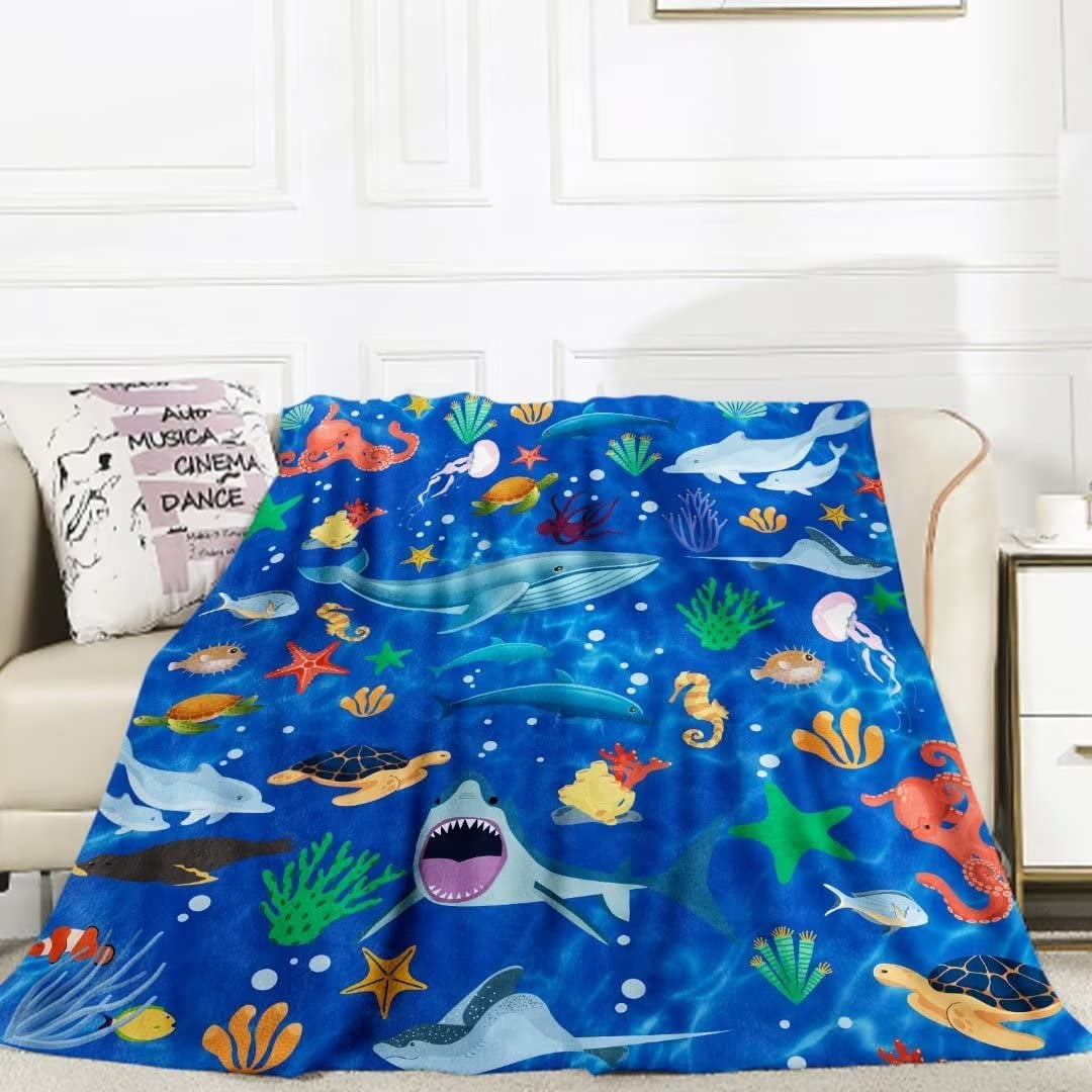 Ocean Marine Life Blanket for Boys Girls Soft Fluffy Seahorse Dolphin