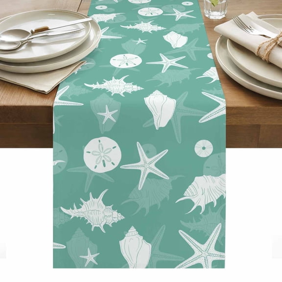 Ocean Marine Life Cotton Linen Table Runner Summer Starfish Sand Dollar Conch Mint Green Dining Table Runners for Home Decor Party Dining Room Restaurant Kitchen Party 13" x 90"
