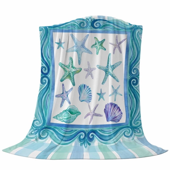 Ocean Marine Life Fleece Throw Blanket Lightweight Watercolor Starfish Conch Green Blue Border Plaid Fuzzy Flannel Throws Super Soft Cozy Flannel Blanket for Couch, Sofa, Bed, Travel 30"x40"