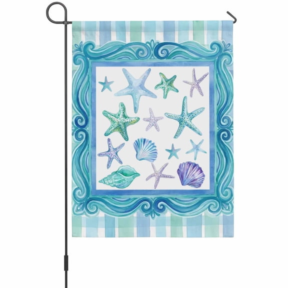 Ocean Marine Life Garden Flag 12 x 18 Inches, Watercolor Starfish Conch Green Blue Border Plaid Weather Proof Outdoor Patio Flags Double Sided Small Garden Decoration for Yard Outside Home